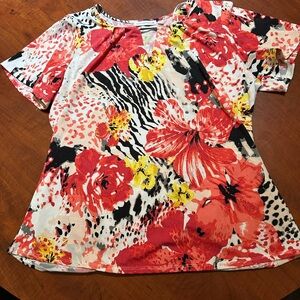 Pink and Red Graphic Blouse with Artistic Flair